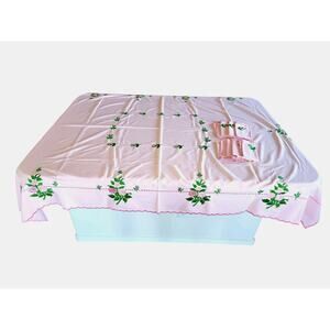 VTG 50s Embroidered Pink Rose Floral Tablecloth 8 Napkins Scalloped Edge 73x55”